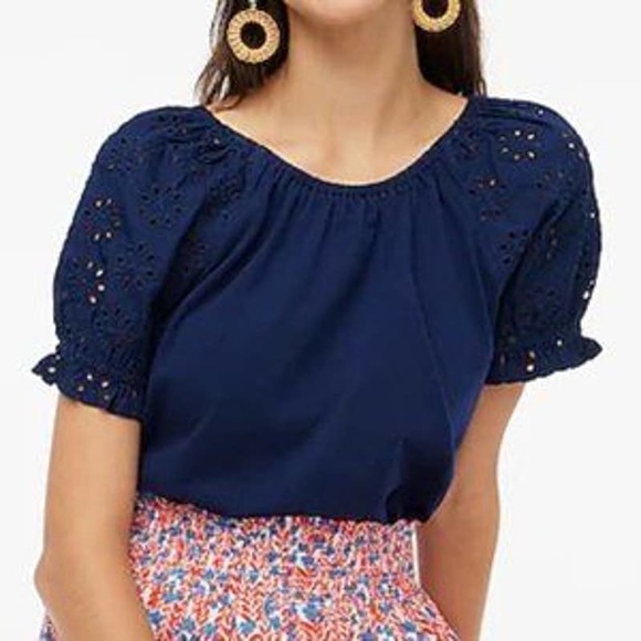 J. Crew Tops - J.Crew Eyelet Tie Back Blue Blouse Top Womens NWT Size L Puff Sleeve 100% cotton